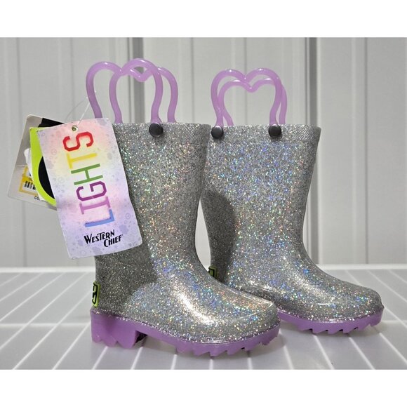 Western Chief Other - Western Chief Abby Silver Glitter & Purple Light Up Rain Boots - Little Girls' 5